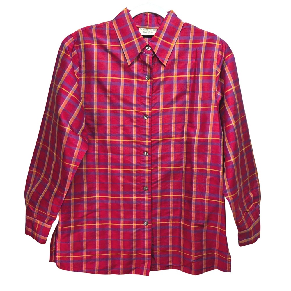 Vtg Lord and Taylor All Raw Silk Button Blouse Womens M Plaid Magenta Purple Top